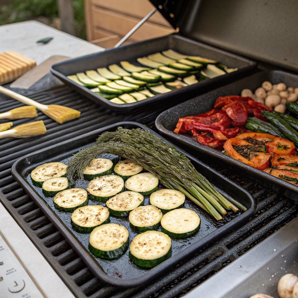"A series of images showing vegetables being marinated, placed on the grill, turned, and cooked until charred and tender"