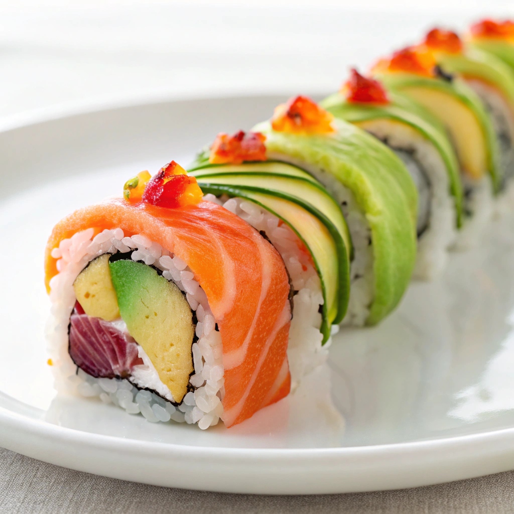 Creative Sushi Rolls on a plate, showcasing colorful ingredients and vibrant presentation.