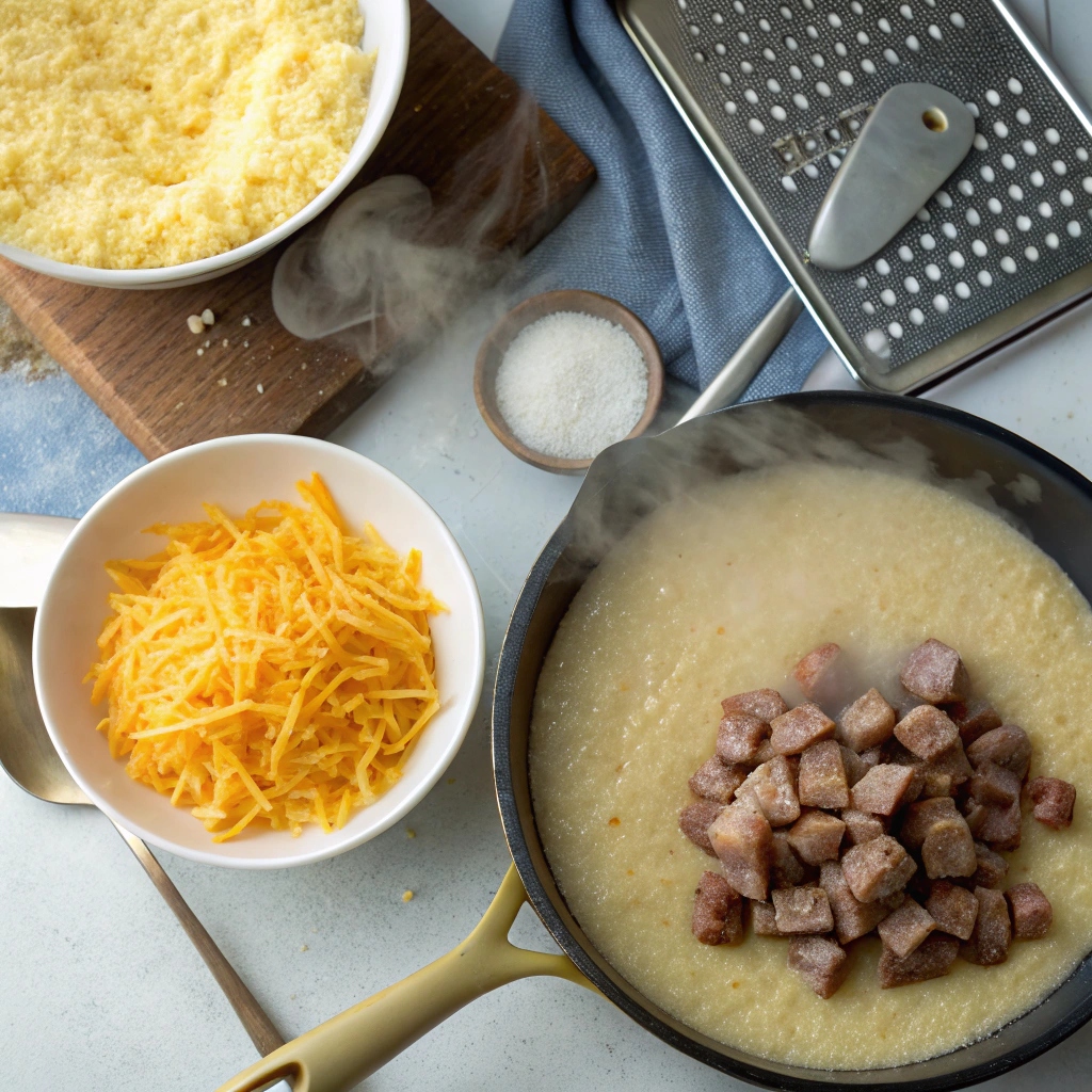 Delicious sausage cheese grits served in a bowl, topped with green onions, perfect for breakfast.