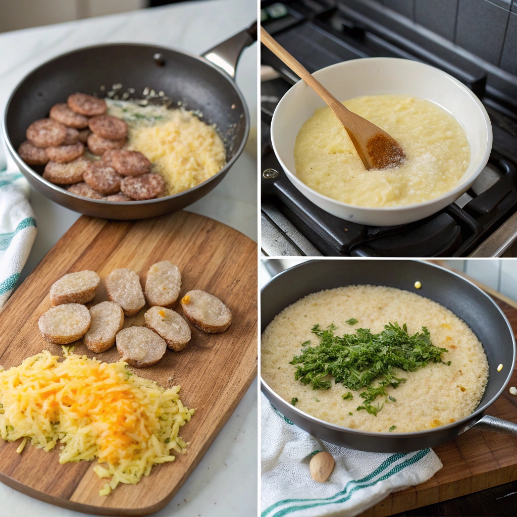 Delicious sausage cheese grits served in a bowl, topped with green onions, perfect for breakfast.
