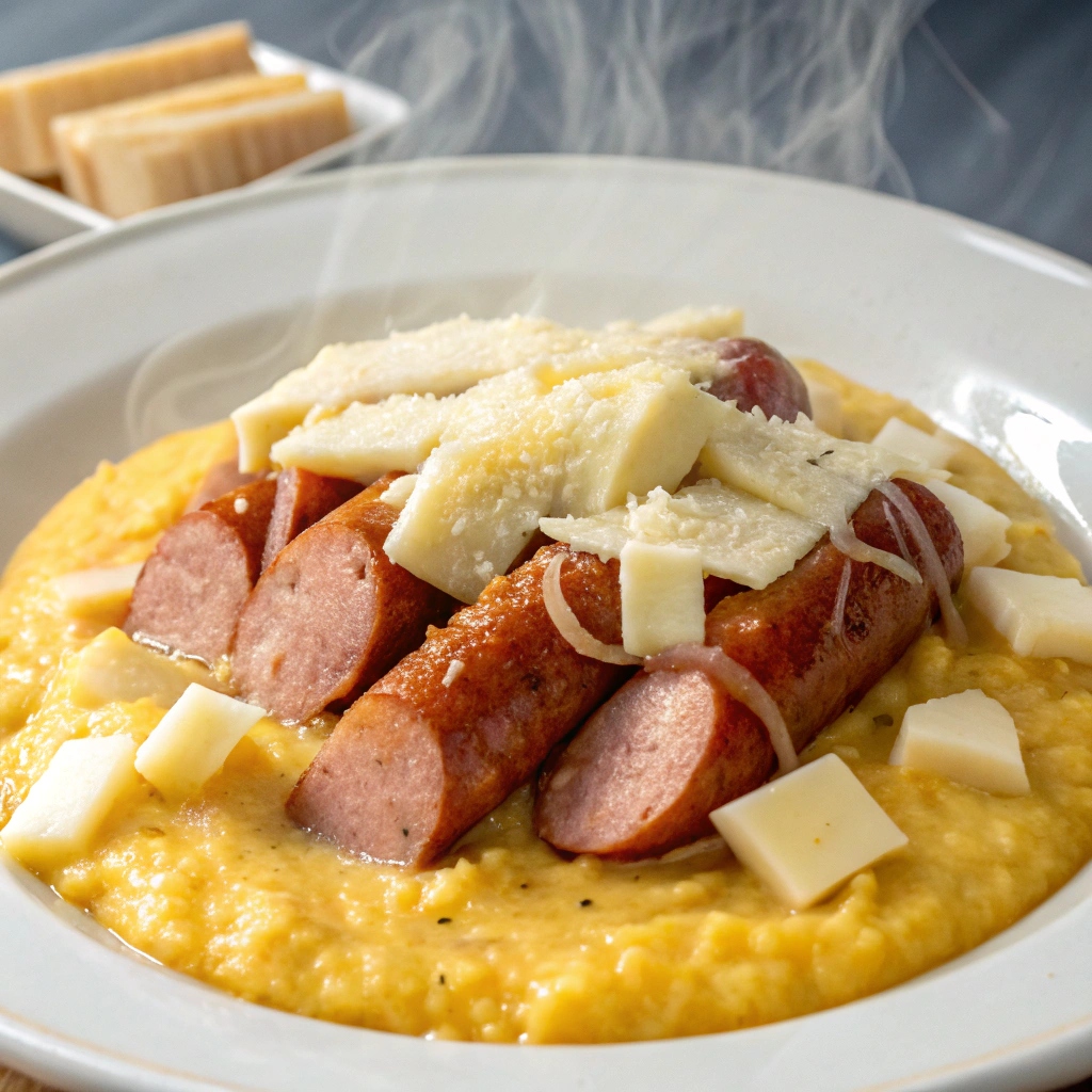 Delicious sausage cheese grits served in a bowl, topped with green onions, perfect for breakfast.