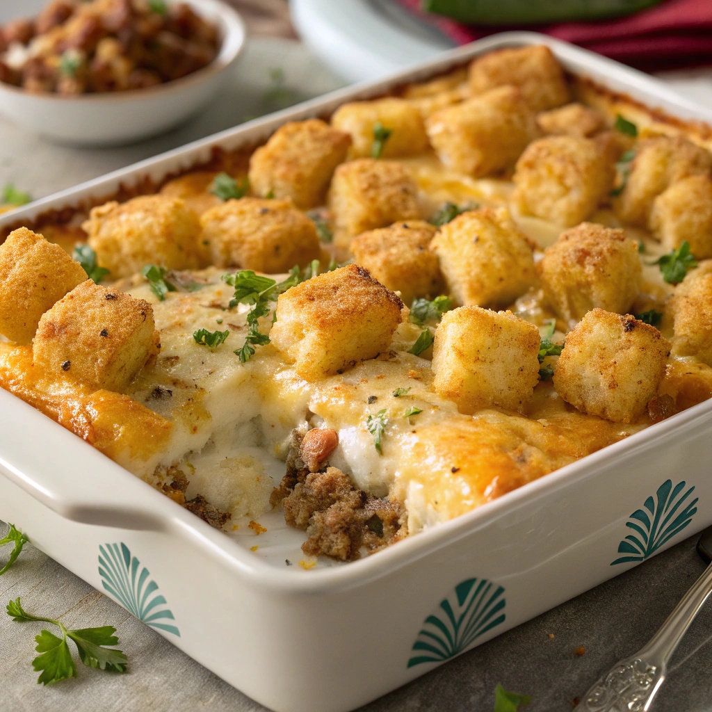 Sausage Cream Cheese Tater Tot Breakfast Casserole served in a dish.
