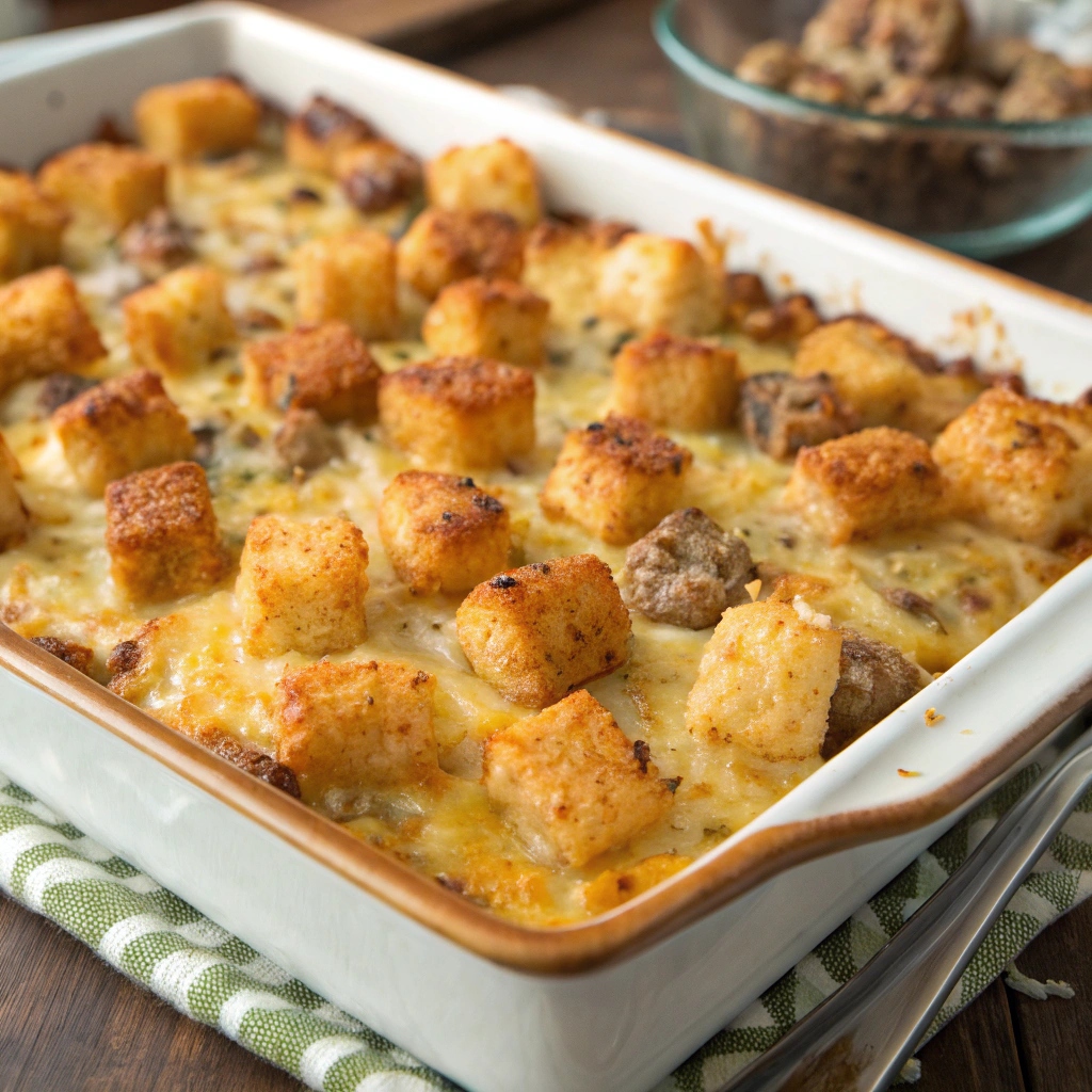 Sausage Cream Cheese Tater Tot Breakfast Casserole served in a dish.