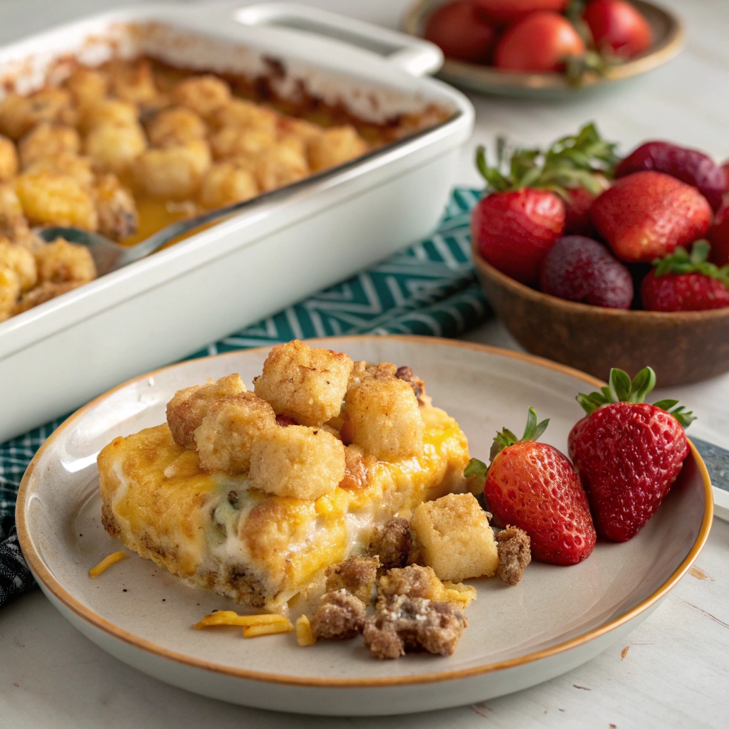 Sausage Cream Cheese Tater Tot Breakfast Casserole served in a dish.