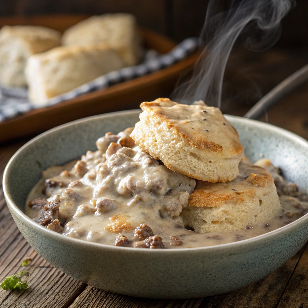 Delicious sausage gravy Recipe served over biscuits, a perfect comfort food for breakfast.