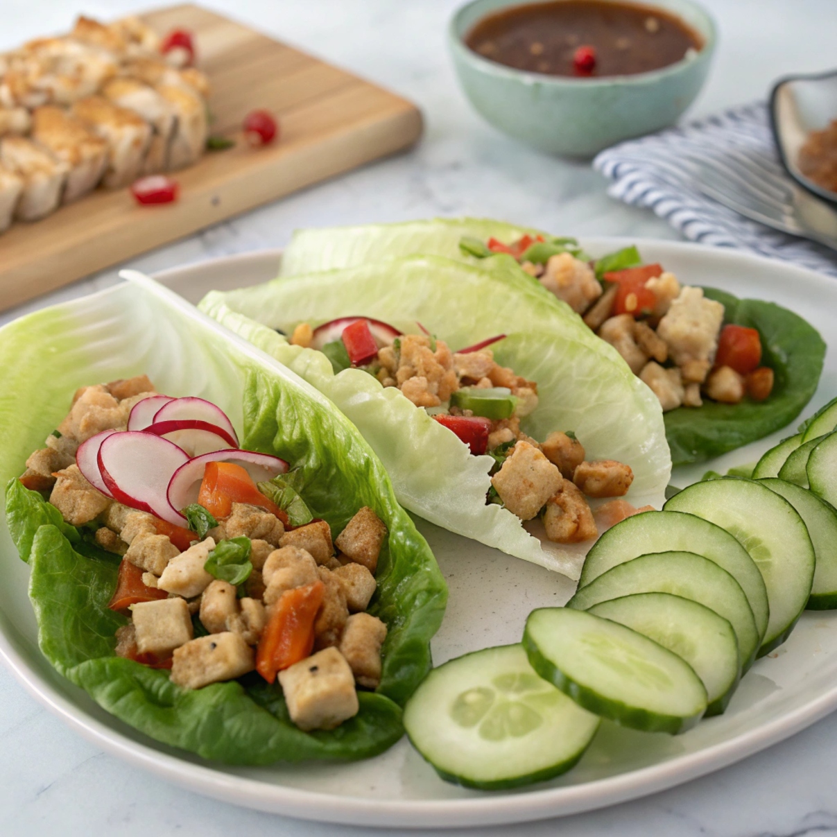 chicken lettuce wraps garnished with radish slices and served with sliced cucumbers.