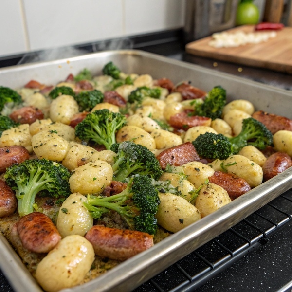 Sheet pan gnocchi with sausage and broccoli, roasted and seasoned, for a quick and easy dinner