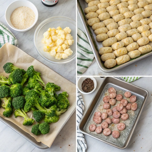 Step-by-step photos showing how to prepare and season gnocchi, sausage, and broccoli for roasting on a sheet pan