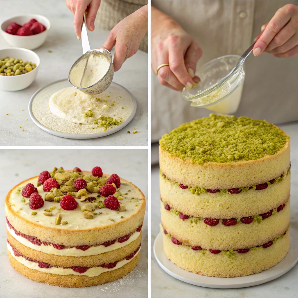 Pistachio Raspberry Cake Frosted with Pistachio Buttercream displayed elegantly on a wooden table.