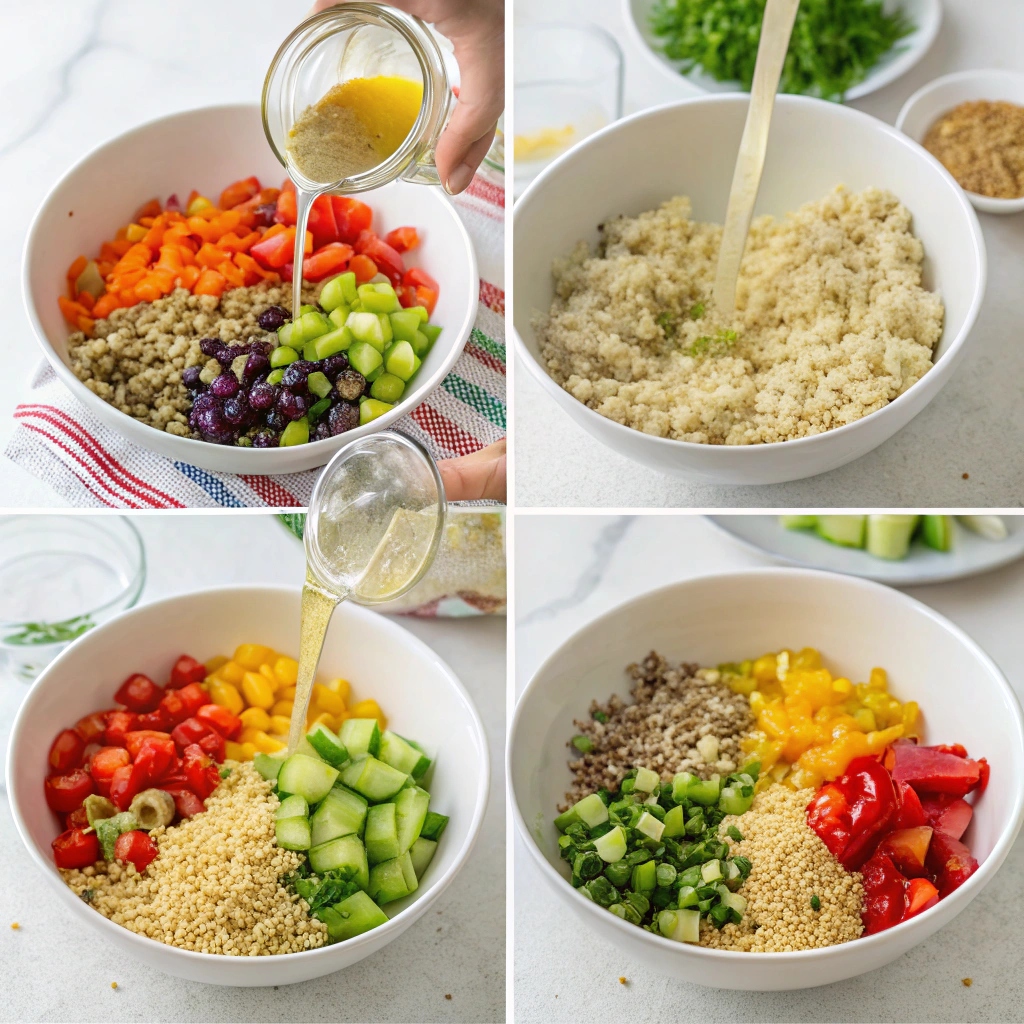 Step-by-step instructions for making healthy quinoa salad with mixed vegetables, showing chopped vegetables, vinaigrette, and mixing process