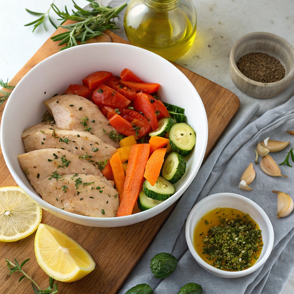 Bowl of raw chicken breasts coated in herb marinade with olive oil, ready for grilling.