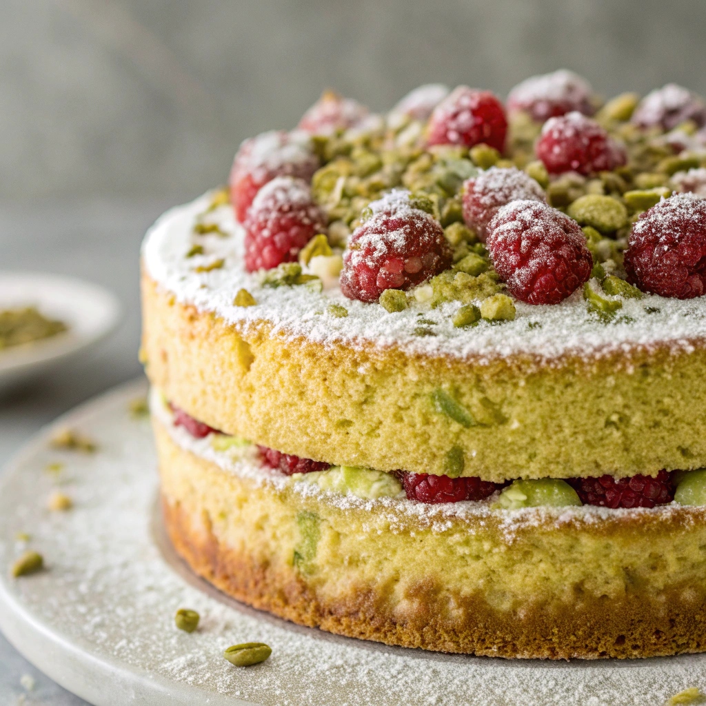 Pistachio Raspberry Cake Frosted with Pistachio Buttercream displayed elegantly on a wooden table.