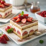 Creamy layered strawberry cheesecake tiramisu with fresh strawberries garnish
