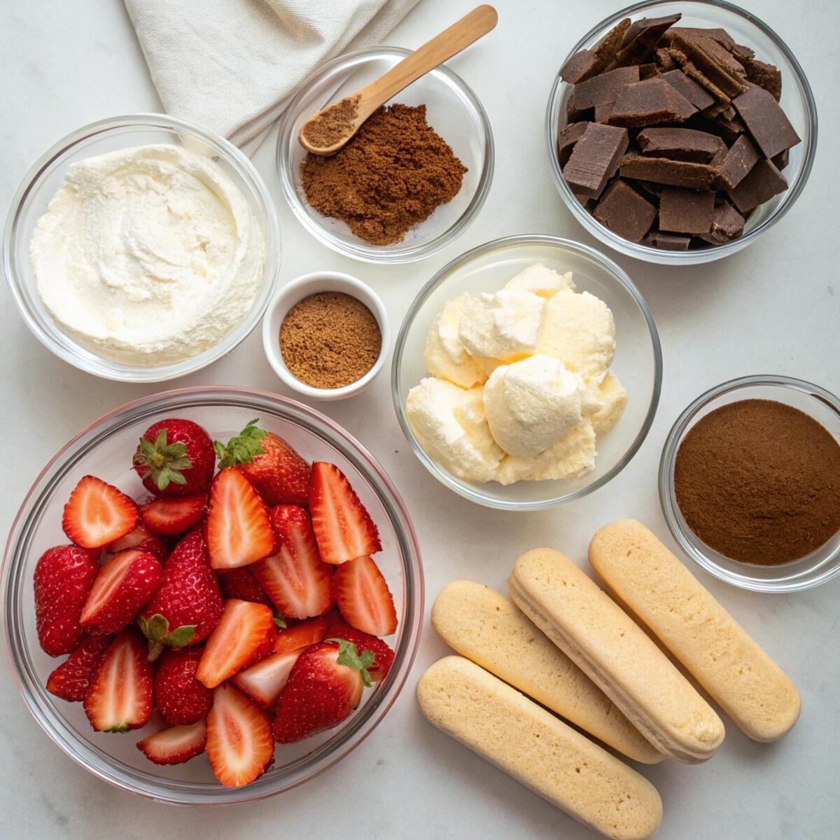 Fresh strawberries, cream cheese, mascarpone, ladyfingers, and whipped cream for strawberry cheesecake tiramisu