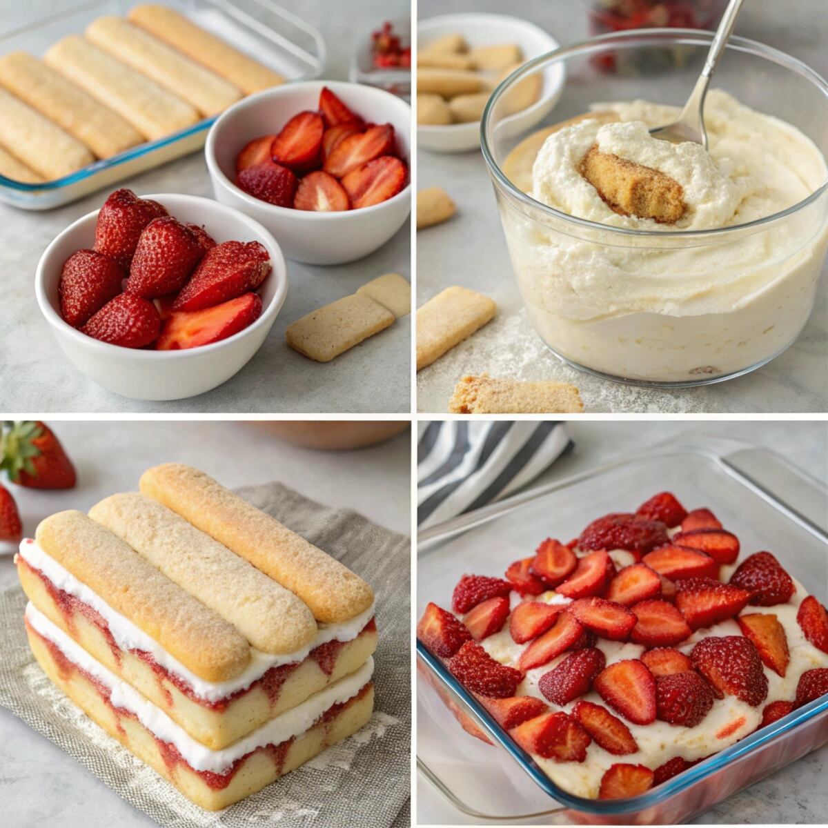 Step-by-step process of assembling strawberry cheesecake tiramisu with ladyfingers, cream filling, and strawberries