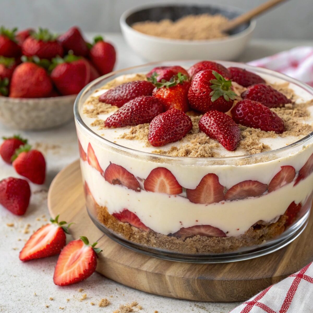 Creamy layered strawberry cheesecake tiramisu with fresh strawberries and mint garnish