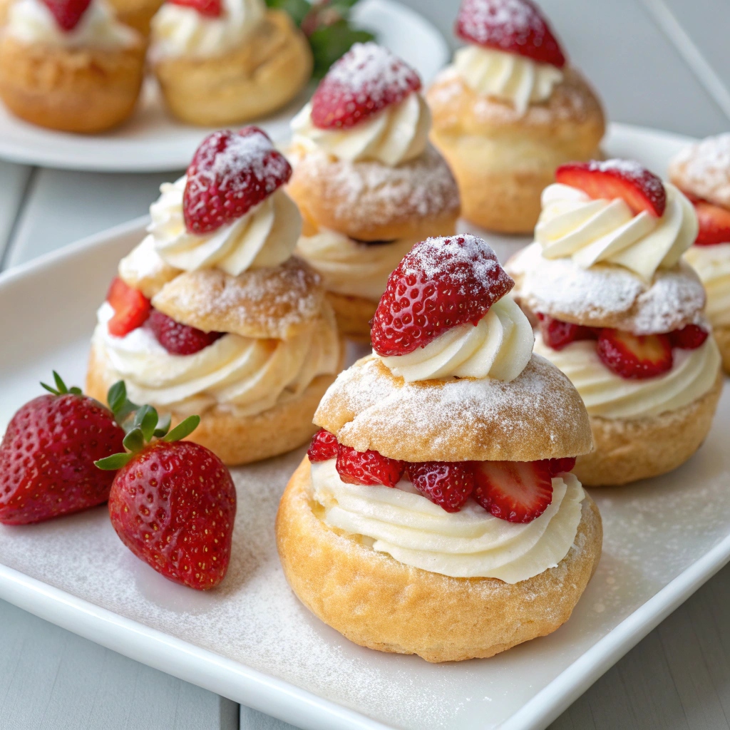 Delicious Strawberry Cream Puffs filled with fresh strawberries and whipped cream