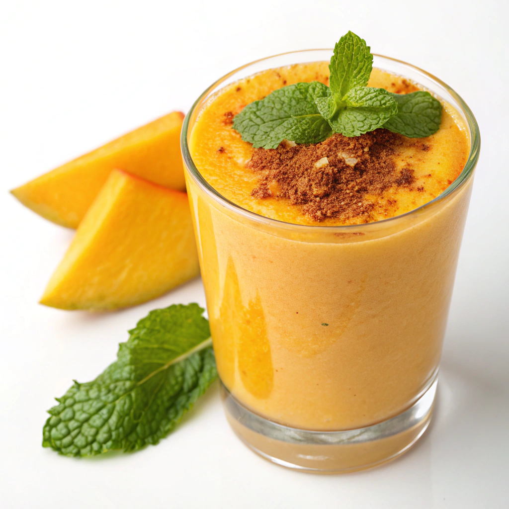 A golden-yellow turmeric mango smoothie served in a glass, topped with fresh mint leaves and a mango slice, surrounded by turmeric roots and mango pieces.