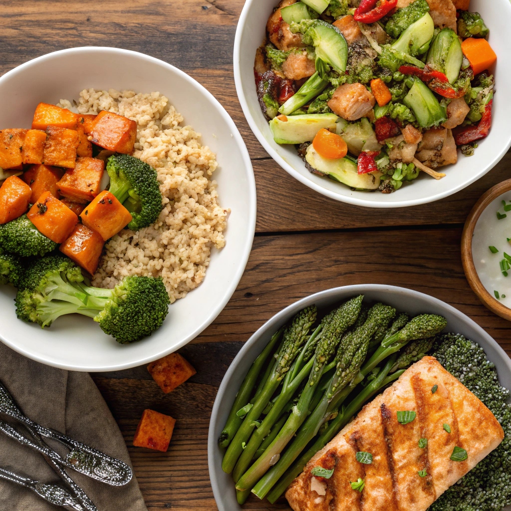 A beautifully plated plate featuring a healthy dinner with vegetables, lean protein, and grains, garnished with herbs.