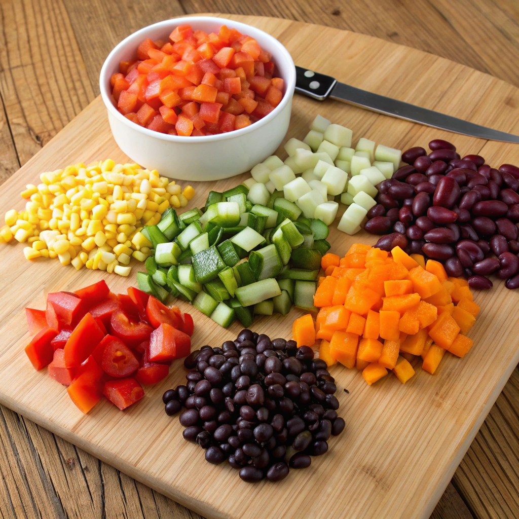 A colorful assortment of fresh vegetables, canned beans, diced tomatoes, spices, and herbs arranged on a cutting board for making chili.  