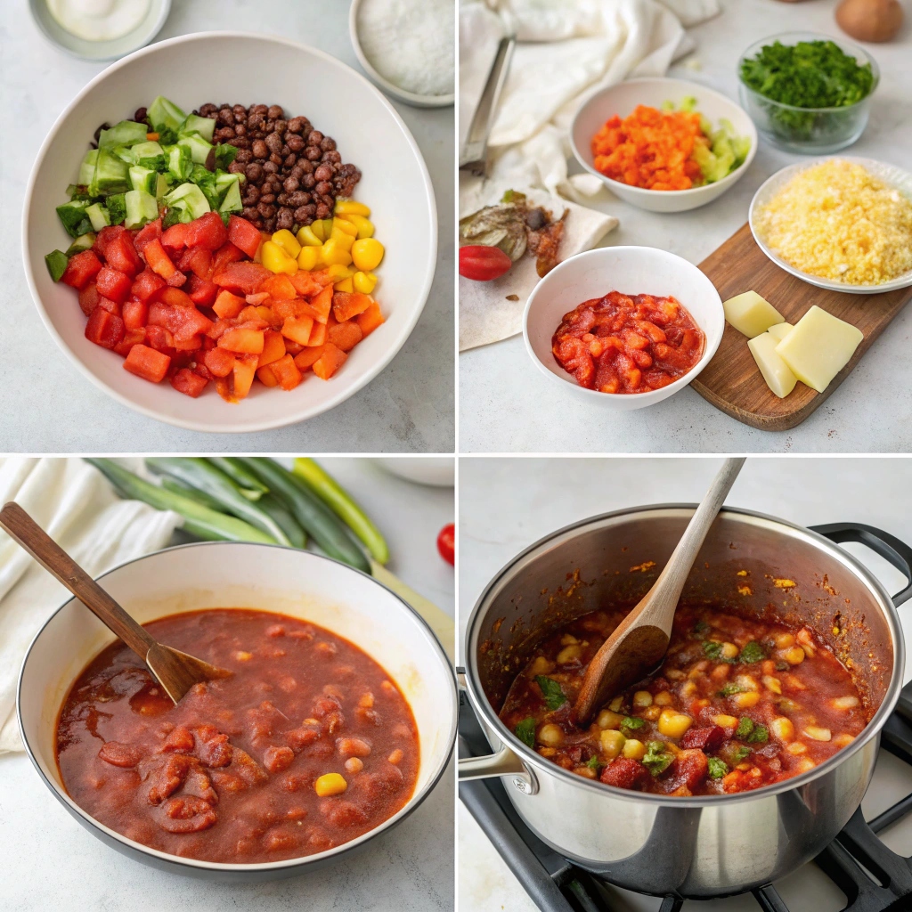 Vegetable and bean chili bubbling in a pot, with a rich tomato base and colorful vegetables.  