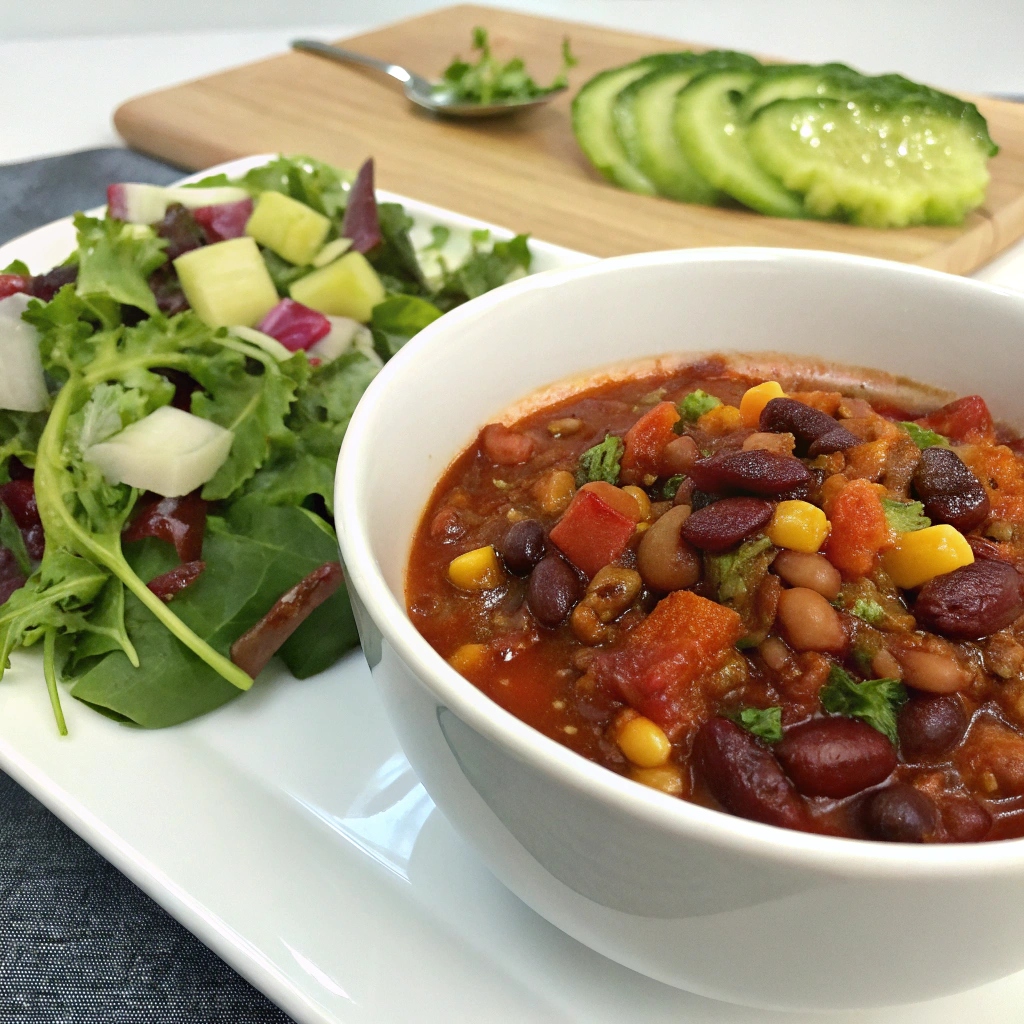 A bowl of vegetable and bean chili topped with fresh cilantro and lime wedges, ready to serve.