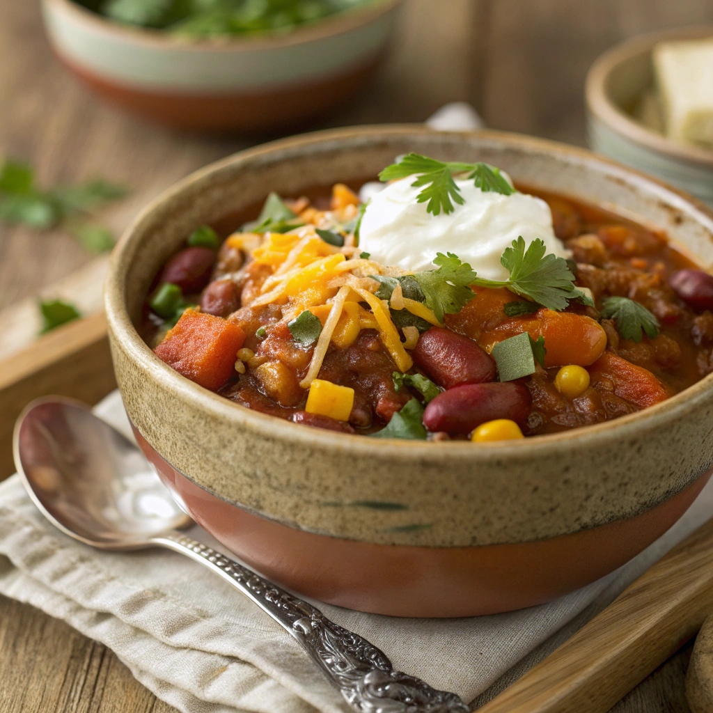 A bowl of vegetable and bean chili topped with fresh cilantro and lime wedges, ready to serve.