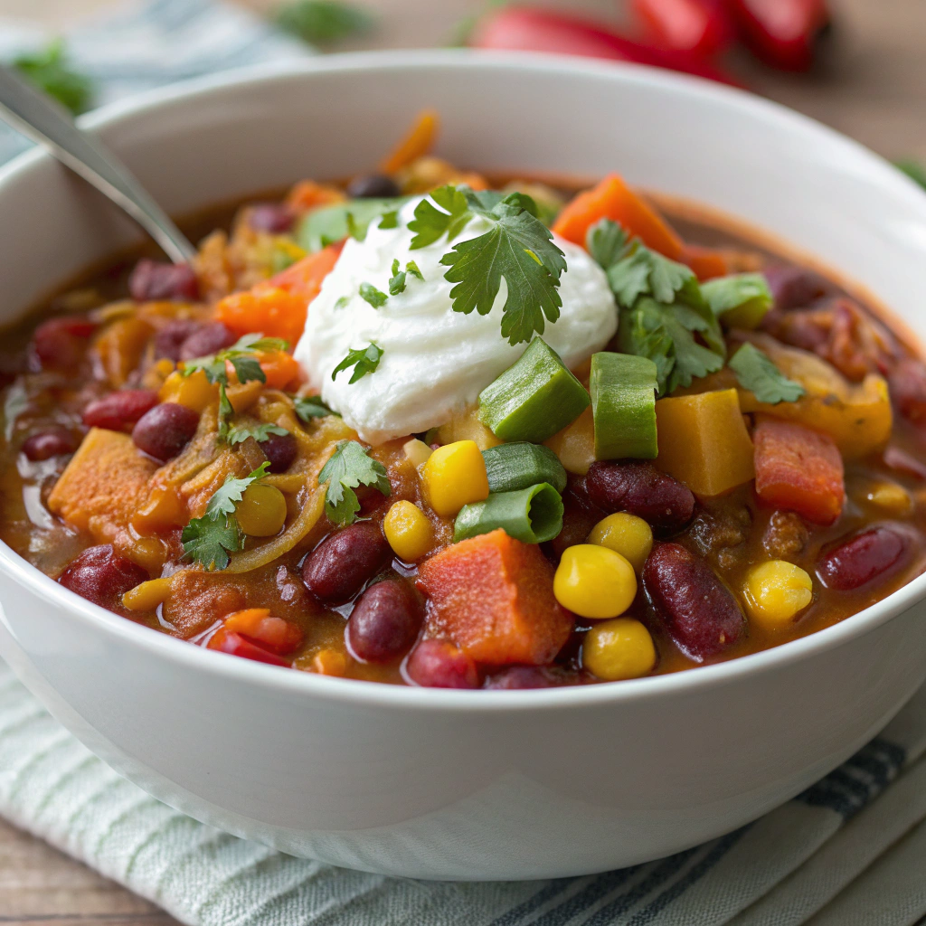 Vegetable and bean chili bubbling in a pot, with a rich tomato base and colorful vegetables. 
