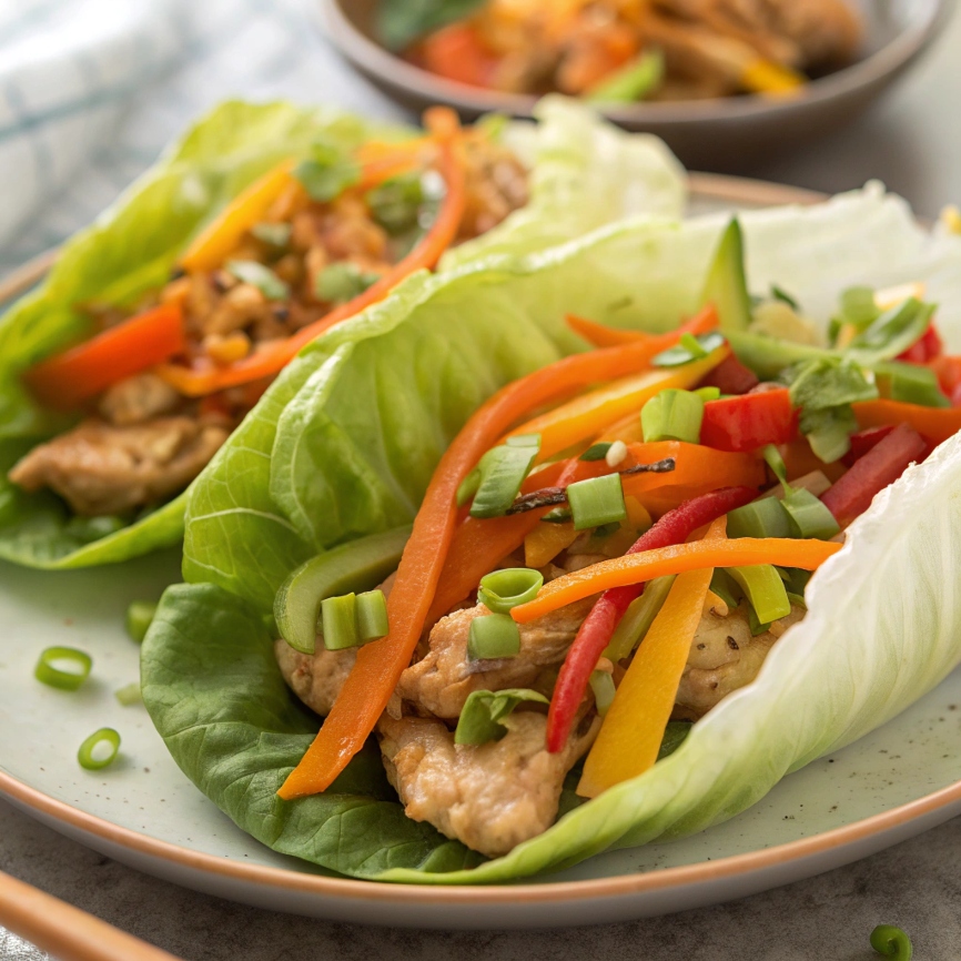 Vegetable enhancements for Asian Chicken Lettuce Wraps, including shredded carrots, sliced bell peppers, and chopped scallions  