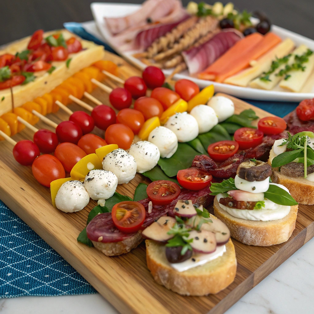 A colorful platter of easy appetizers including Caprese skewers, stuffed mushrooms, bruschetta, and a cheese and charcuterie board, all beautifully arranged for a party.
