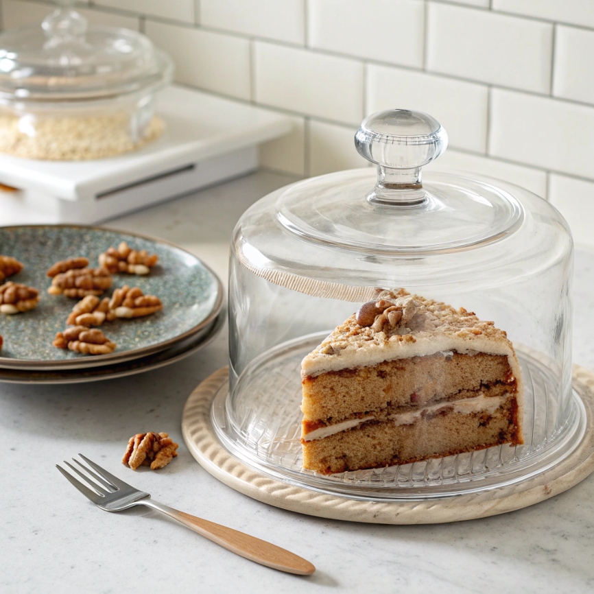 An airtight glass jar filled with slices of Cinnamon Walnut Almond Flour Cake, sitting on a wooden kitchen table alongside a knife and a cup of coffee.