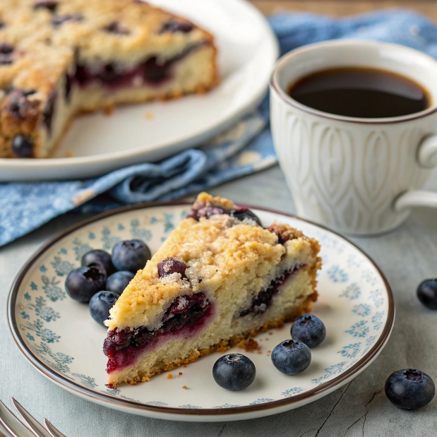 A slice of blueberry coffee cake served on a plate with fresh blueberries and a cup of black coffee, with blueberry streusel topping and vibrant blueberry filling visible.