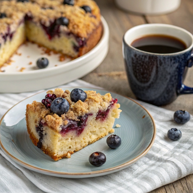 A slice of blueberry coffee cake with blueberry streusel topping on a plate, accompanied by a cup of steaming coffee and fresh blueberries.