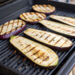 Diagram of a grill plan with temperature zones and placement for grilling eggplant slices