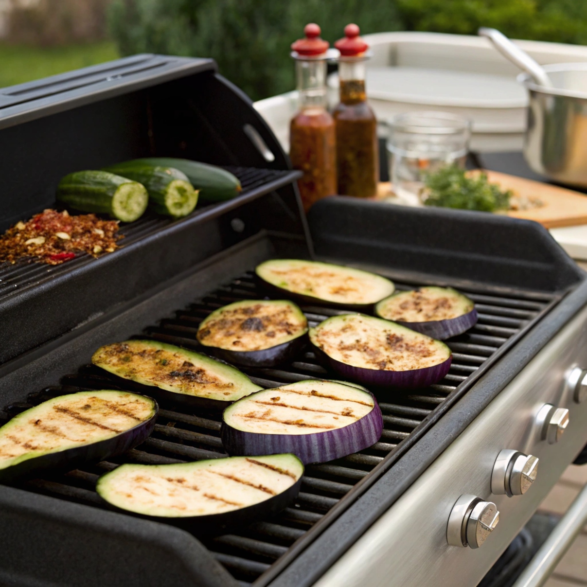 Grilled eggplant with herbs and marinade, showing tips such as preheated grill, proper timing, and use of cast-iron grill for smoky flavor