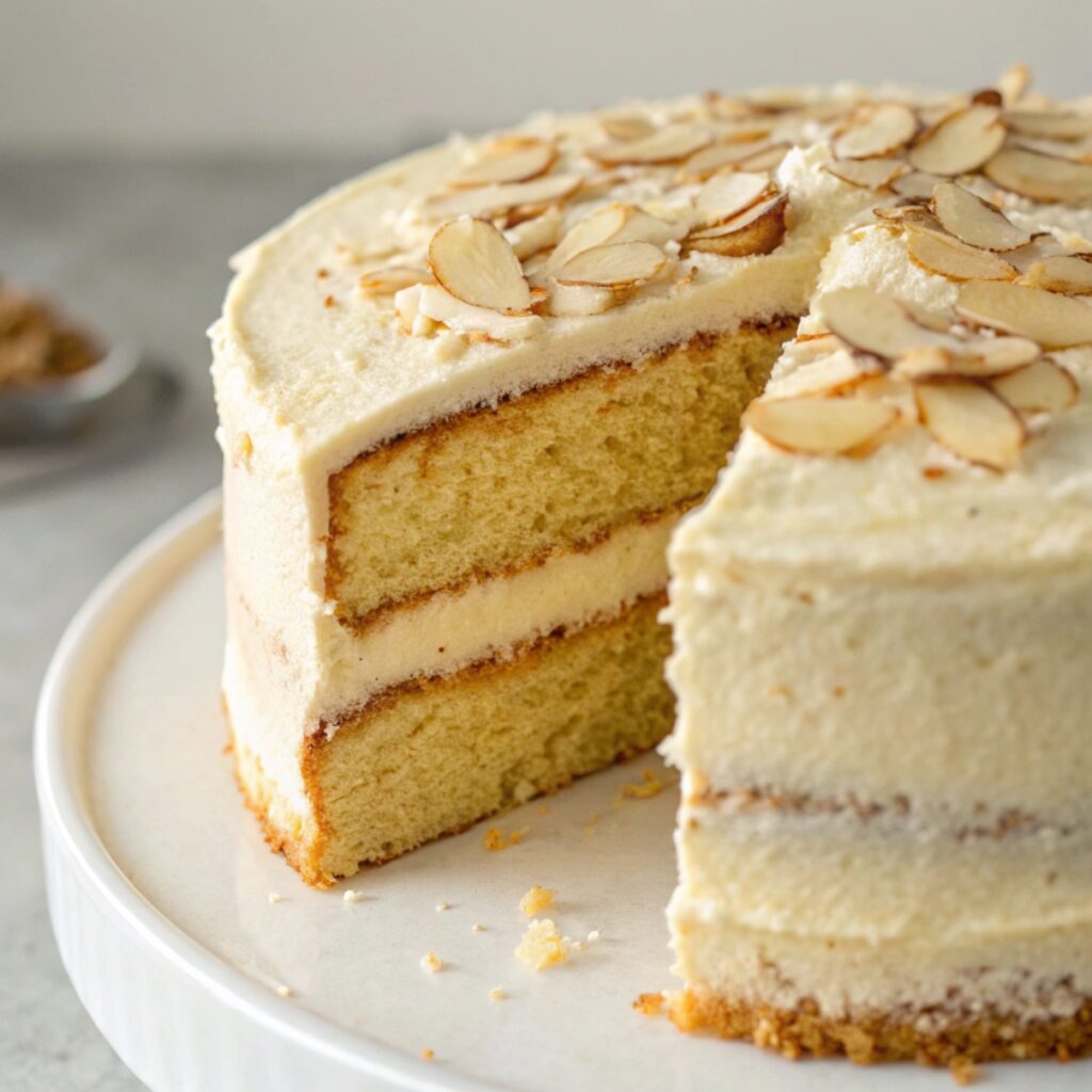 A close-up of a sliced almond flour vanilla cake topped with sliced almonds, dusted with powdered sugar, served on a white plate.