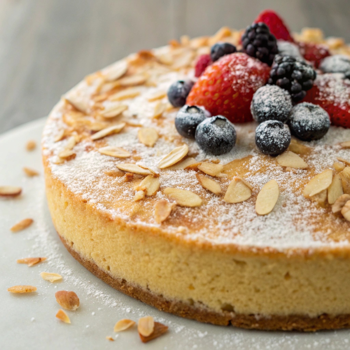 A close-up of a decorated almond flour vanilla cake topped with fresh berries, powdered sugar, and sliced almonds, resting on a white plate.