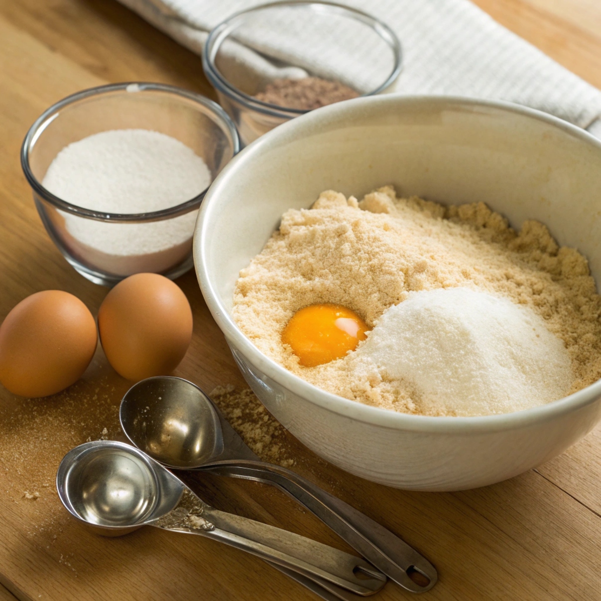 A baking scene showing a large bowl with flour, sugar, an egg, and baking ingredients, along with two eggs, two measuring spoons, and small bowls of flour and cocoa powder on a wooden surface.