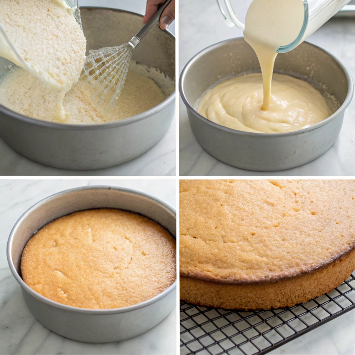 A collage showing the process of making an almond flour vanilla cake: dry ingredients being mixed, pouring batter into a cake pan, a baked golden cake in the pan, and a close-up of the cooled almond flour vanilla cake on a wire rack.
