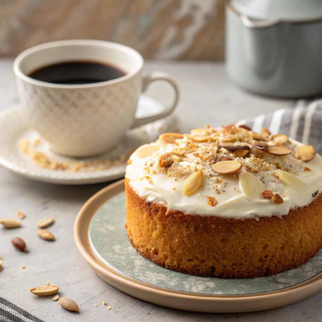Almond Flour Cake Recipes A close-up of a slice of almond flour vanilla cake topped with almonds and cream, served on a plate with a cup of black coffee in the background.