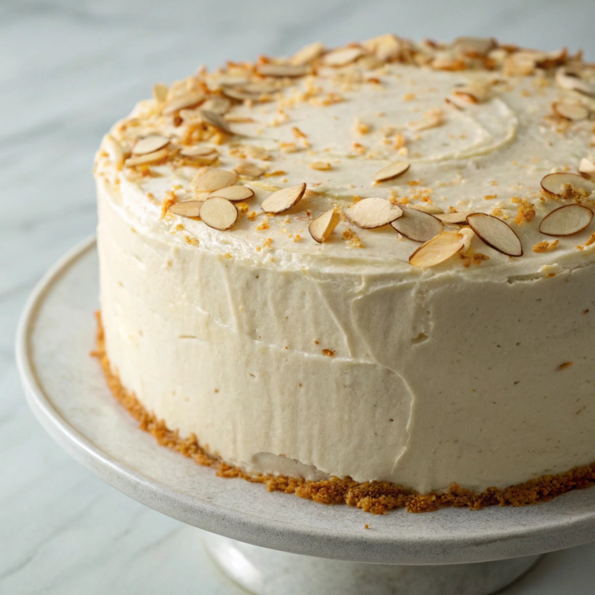 A close-up view of a round, elegant cake with smooth white frosting, topped with sliced almonds and orange or yellow crumbs, placed on a white serving plate.
