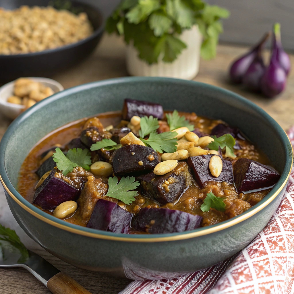 Bowl of traditional Indian eggplant curry garnished with fresh cilantro and served with rice