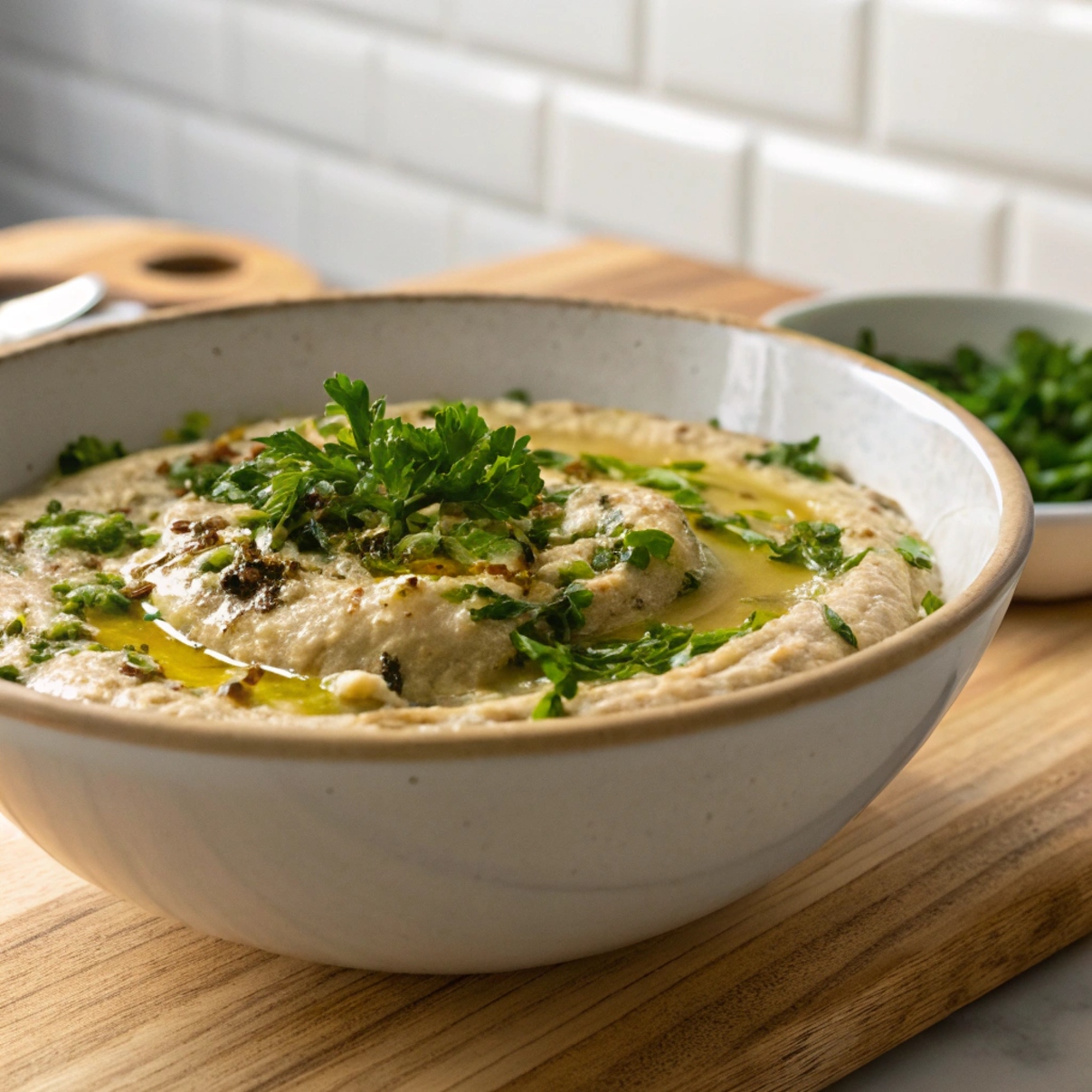 Eggplant Recipe Creamy Baba Ganoush garnished with olive oil, parsley, and paprika served in a bowl
