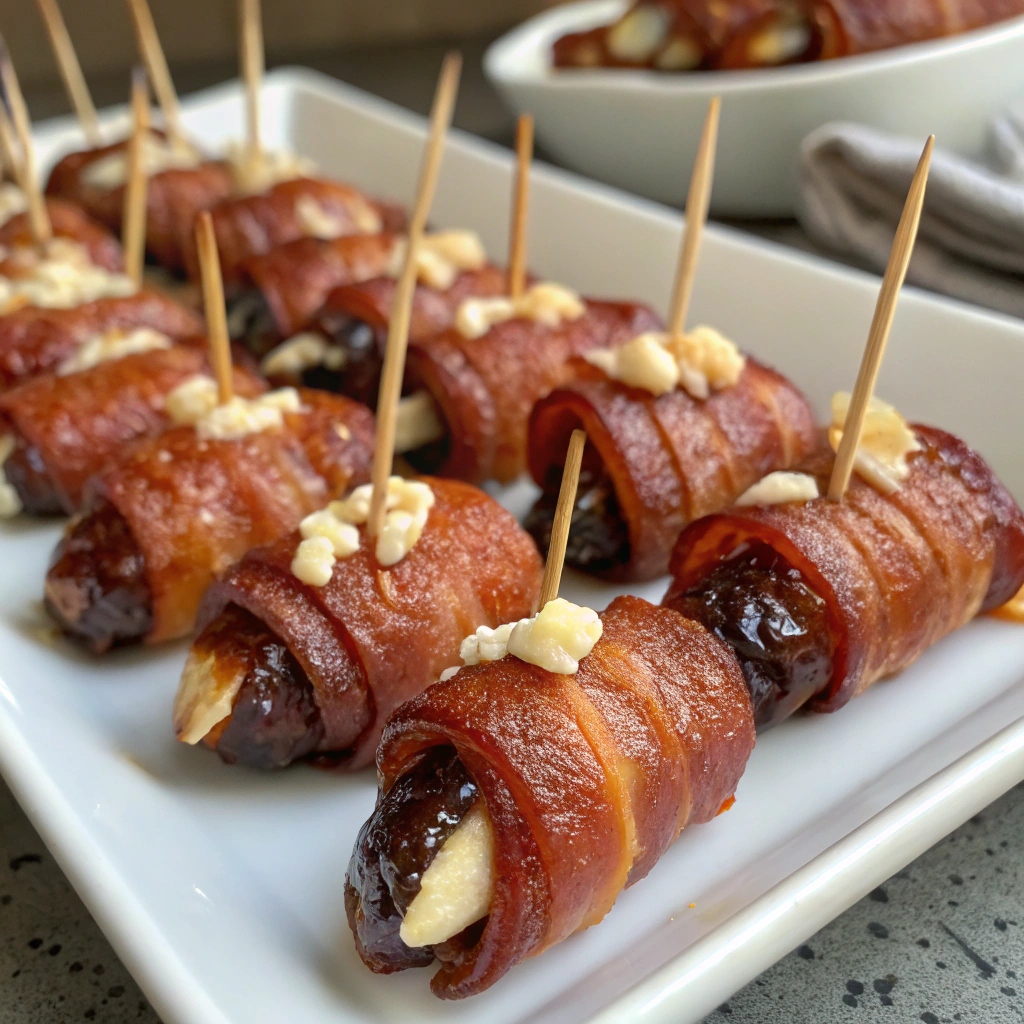  Bacon-wrapped dates stuffed with cheese on a serving platter.easy appetizers