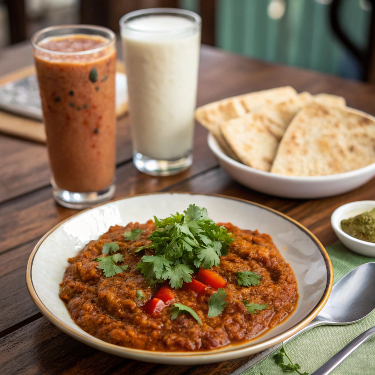 Baingan Bharta served with roti and a refreshing glass of lassi on the side