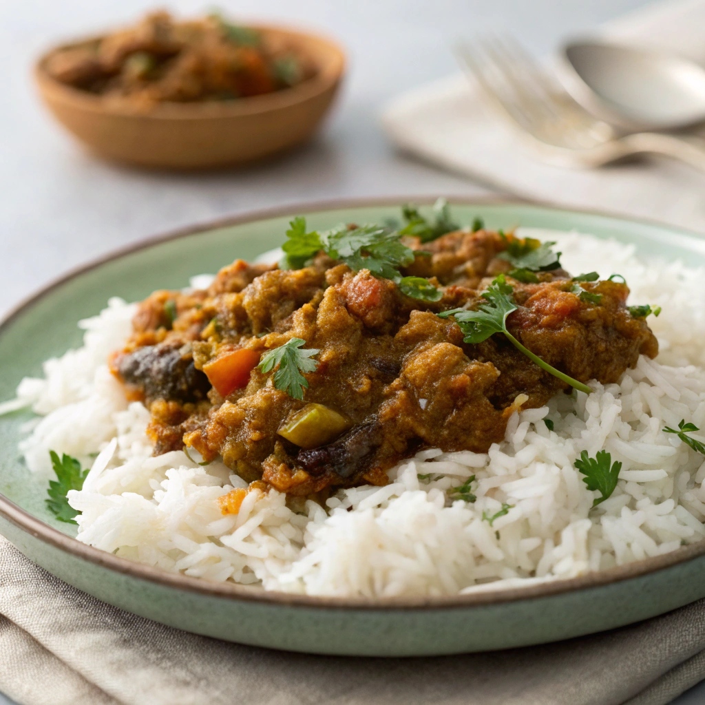 Plate of Baingan Bharta served with steamed rice and garnished with fresh cilantro