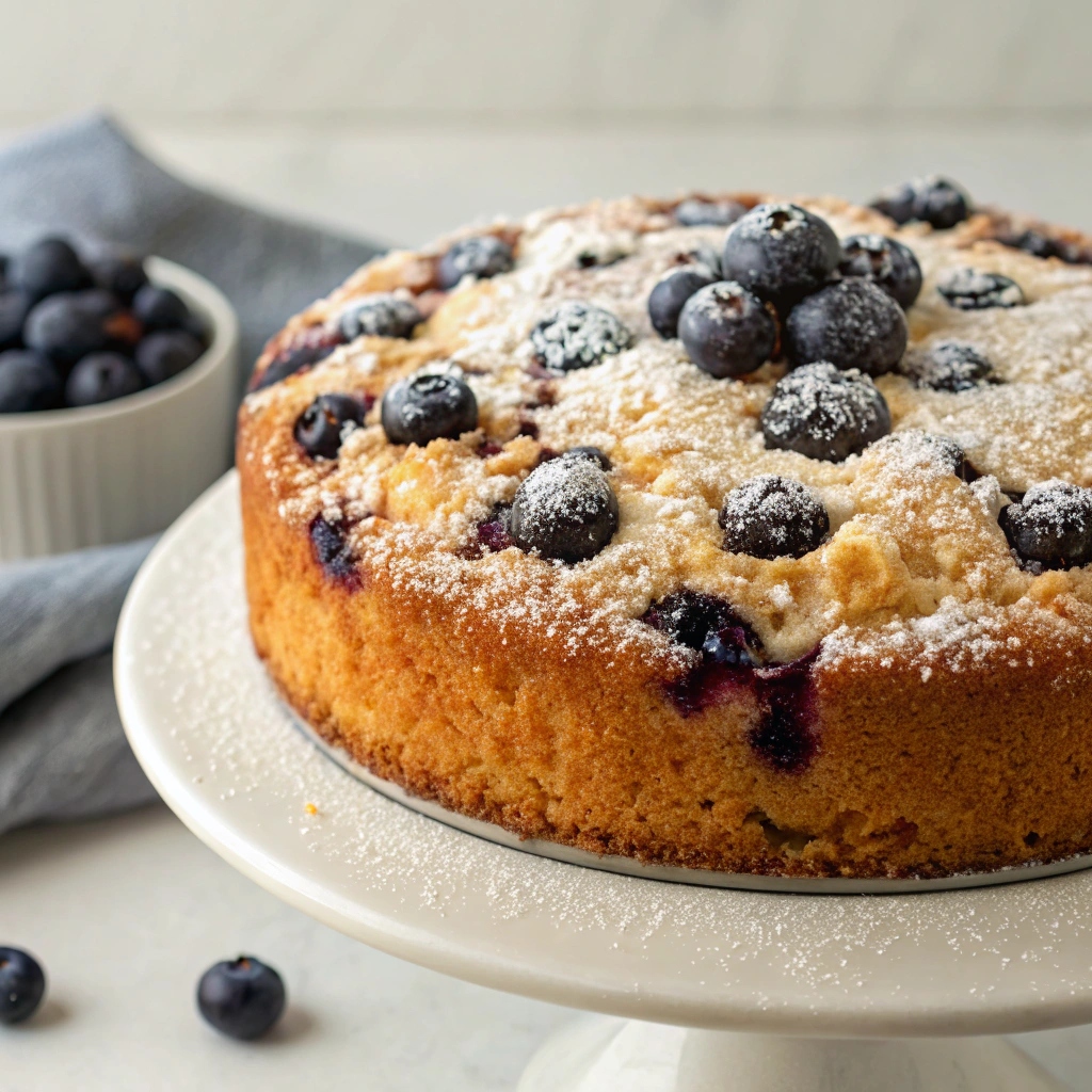 "Golden blueberry coffee cake topped with fresh blueberries and a sugar glaze."
