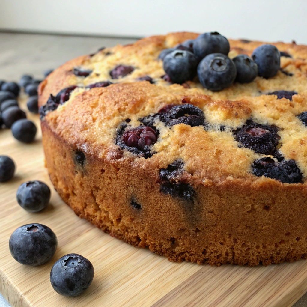 "Freshly baked blueberry coffee cake with a golden crust, topped with blueberries and a sugary glaze."
