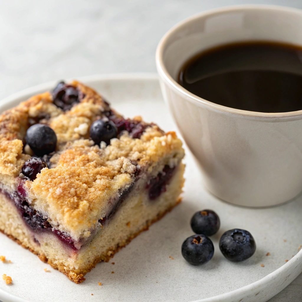 "Slice of blueberry coffee cake served on a plate topped with fresh blueberries and a drizzle of glaze."