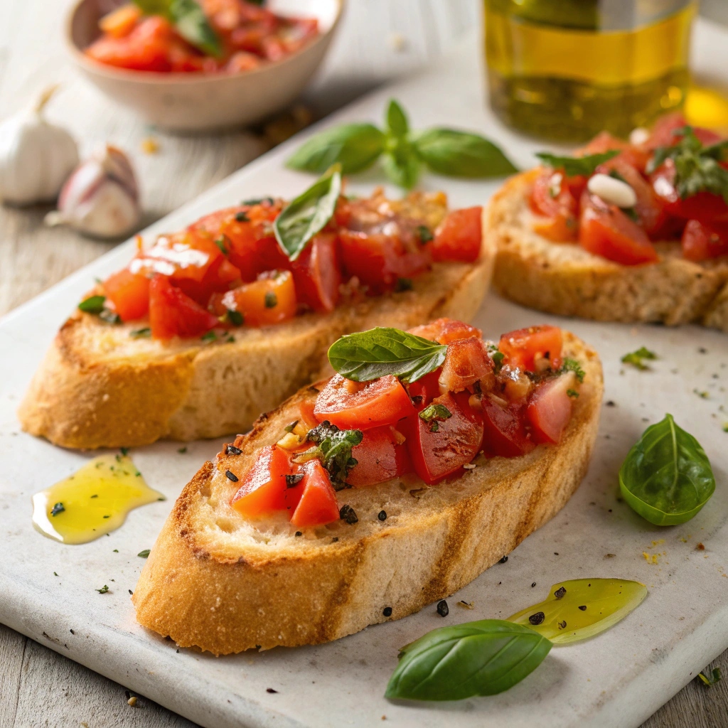Toasted baguette slices topped with diced tomato mixture for bruschetta.